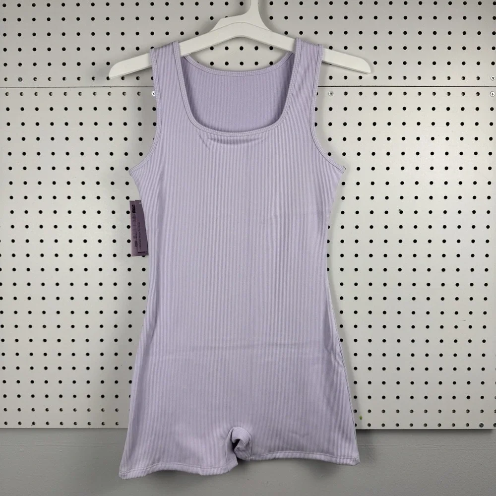 Y2K Ribbed Romper Bodysuit Light Violet Sleeveless One‎ Piece XL